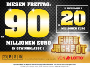 Eurojackpot mit Doppeljackpot: 90 Millionen in Gewinnklasse 1 und 20 Millionen Euro in Gewinnklasse 2